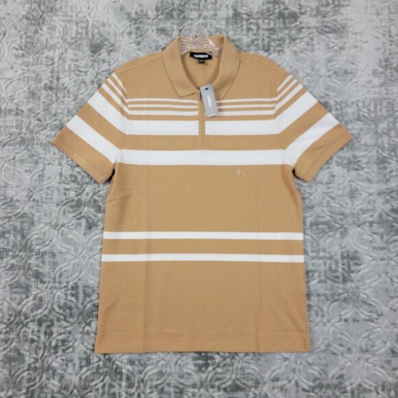 Express Polo Shirt Mens Small Tan White Short Sleeve  1/4 Zip Casual NWT - Picture 1 of 9